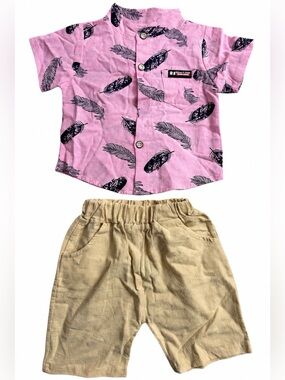 Toddler Pink Feather Print Button Shirt & Tan Shorts Set